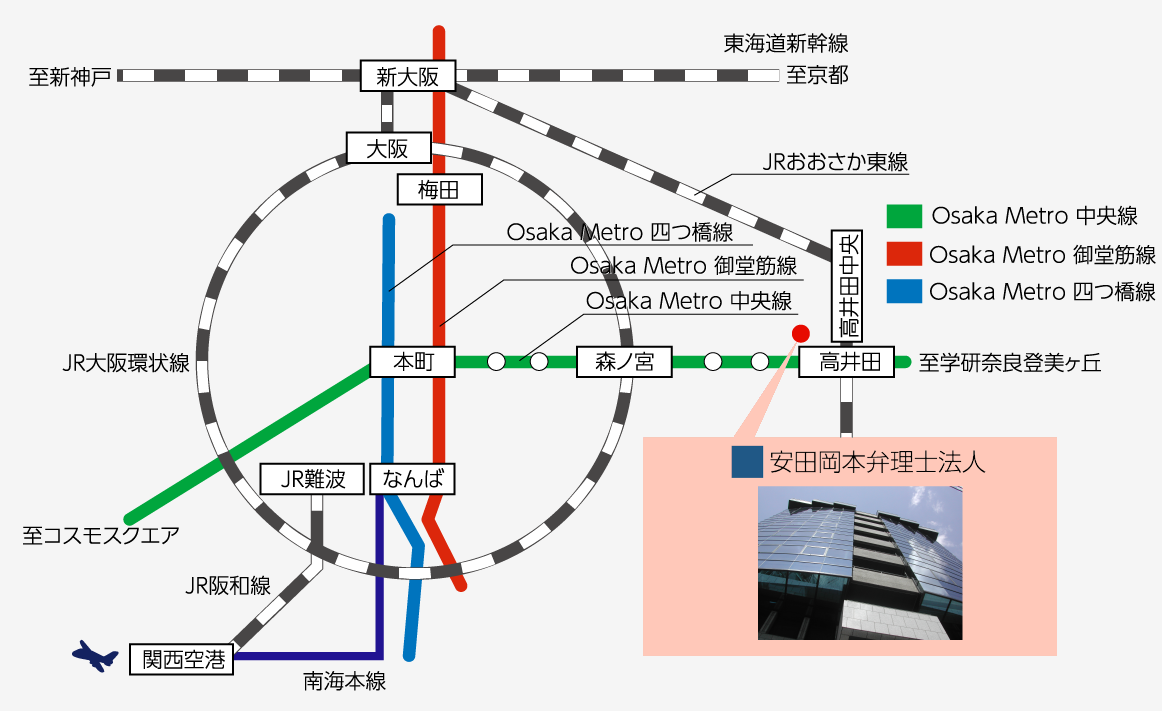 大阪、兵庫、京都、奈良からのアクセスを示す地図